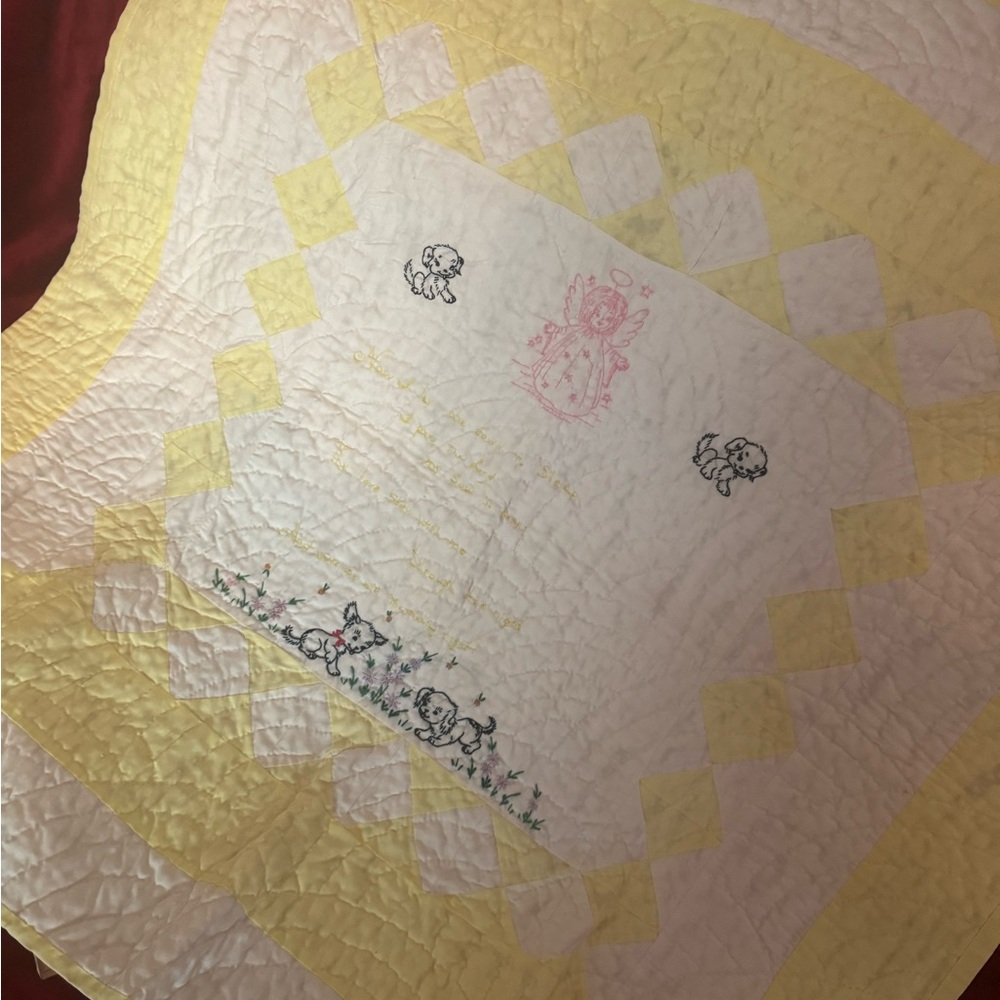 Vintage Yellow and White hand stitched Quilted Baby Blanket